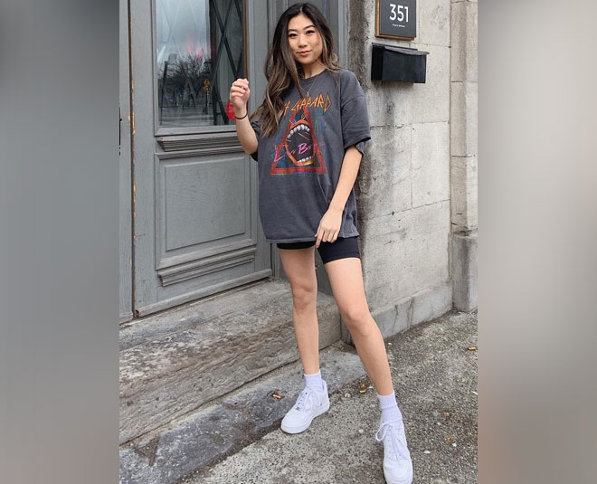 Oversized shirt shop and sneakers