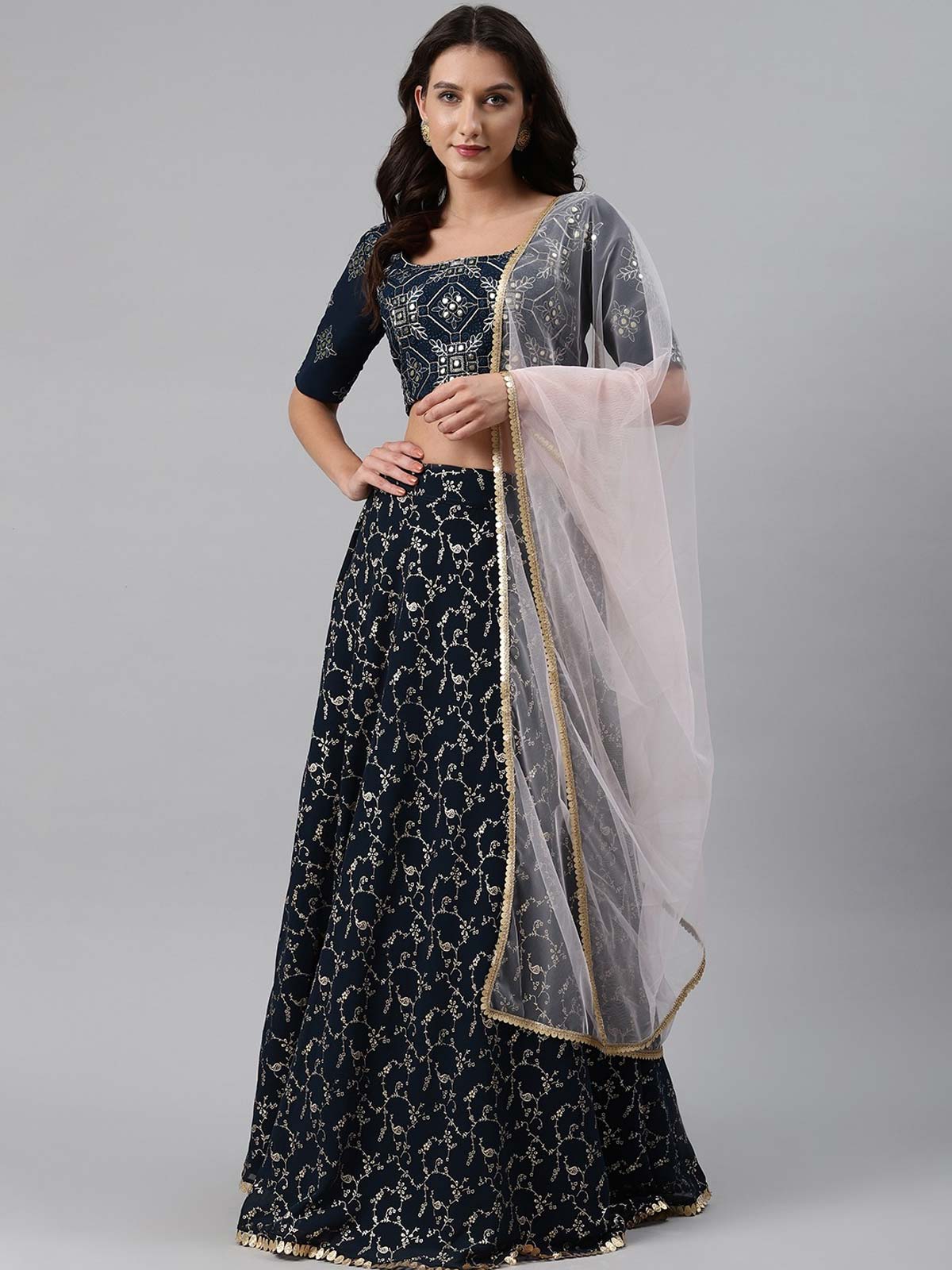 Navy Blue Gold Foil Print Lehenga