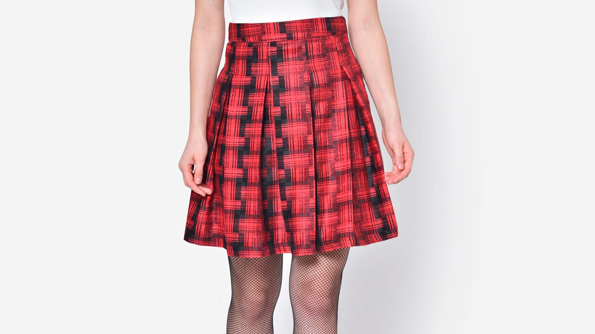 Red Checked Pleated Skirt