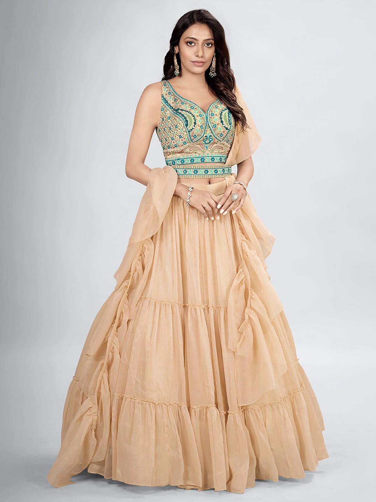 Taupe and Blue Lehenga