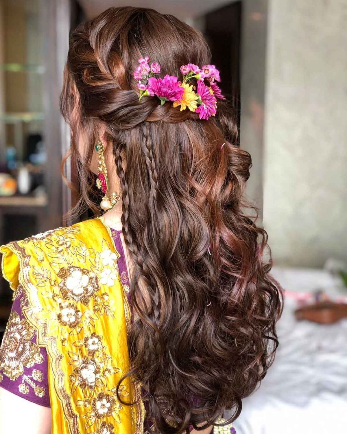 Bridal Hairstyle Ideas for Haldi Function - Yellow Dress Hairstyles - K4  Fashion | Half updo hairstyles, Down hairstyles, Long hair styles