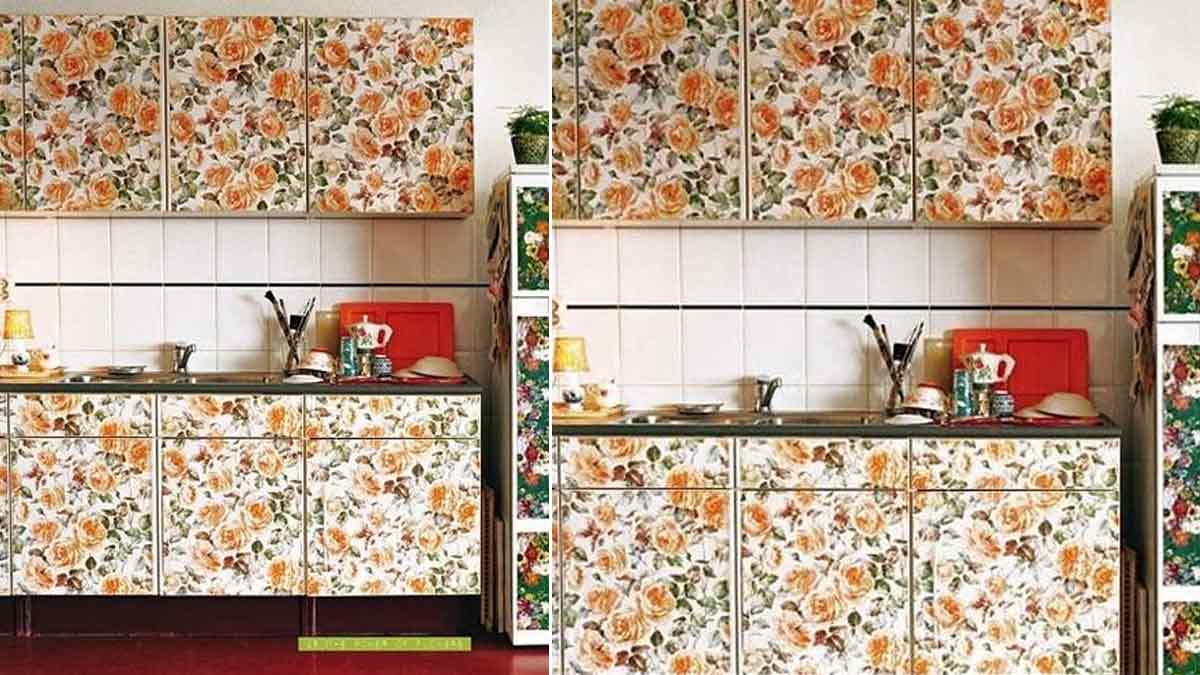 Wallpaper use in kitchen cabinet