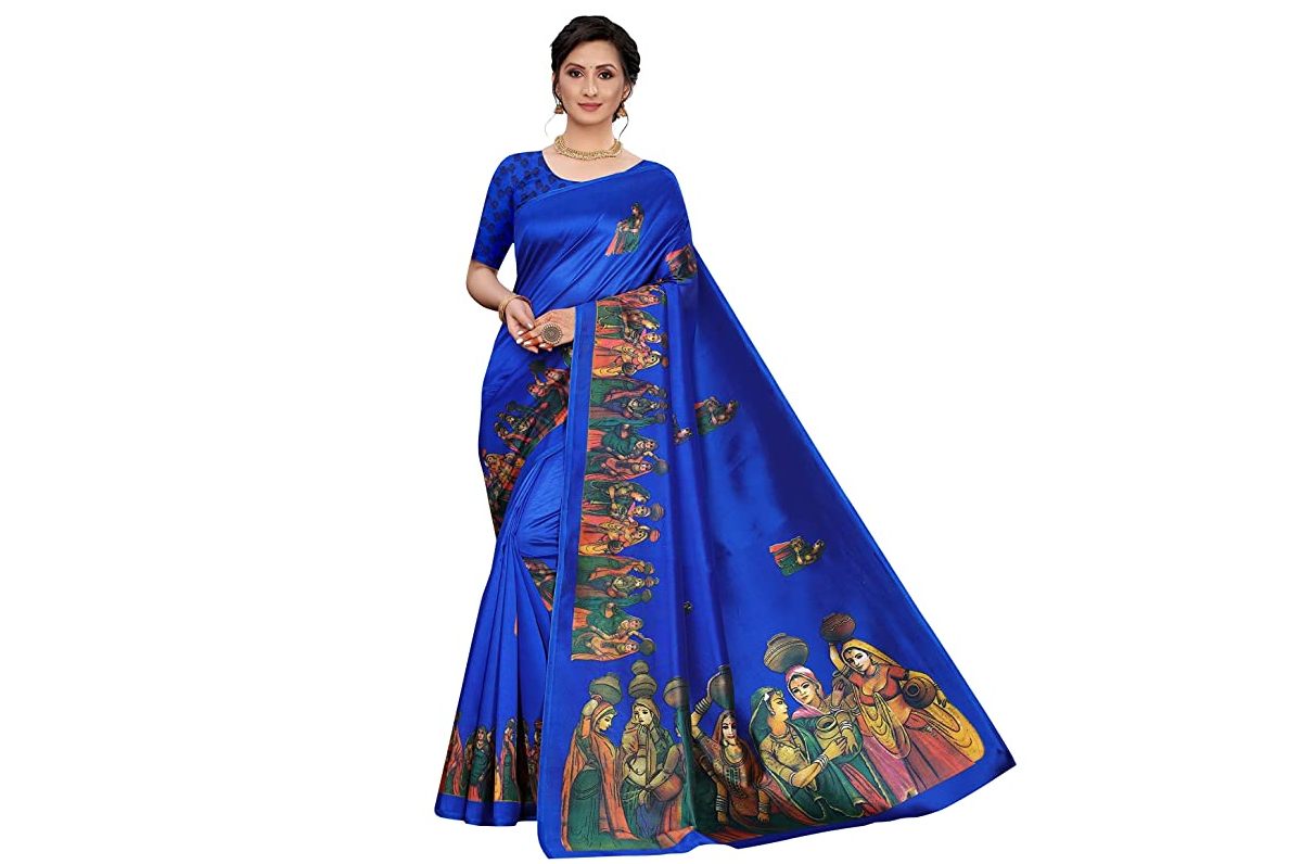 chhath puja  blue saree with print on blouse