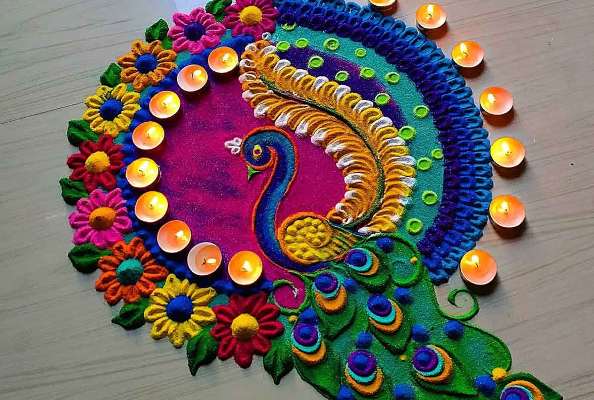 Amazon.com: Incredible Gifts India Peacock Rangoli Design for Diwali  Decoration PCK005 with Six Rangoli Colors(Wood, 30cmx30cm, Brown) : Home &  Kitchen