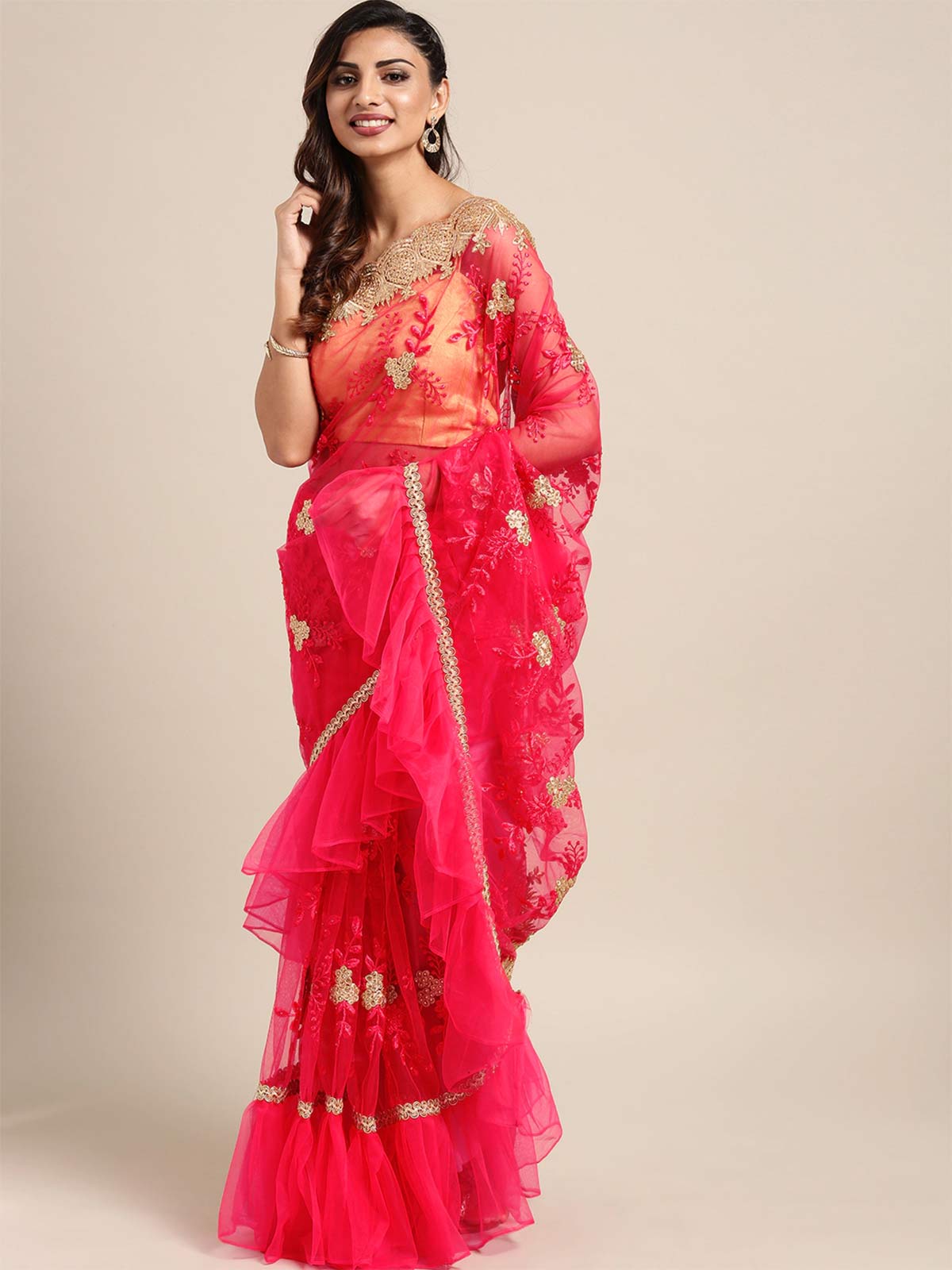 net ruffle saree design