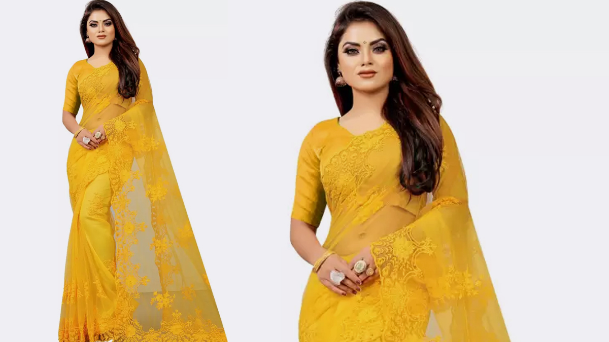 yellow net saree