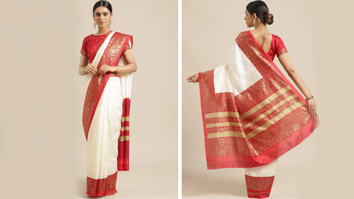 Off White & Red Banarasi Saree   ₹
