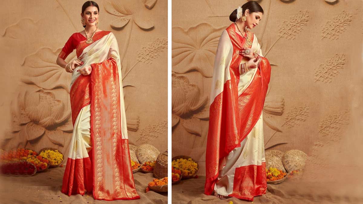 Off White & Red Kanjeevaram Saree