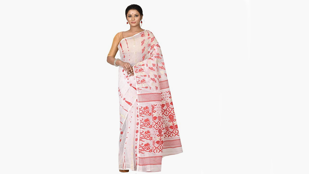 Traditional White & Red Dhakai Jamdani Saree