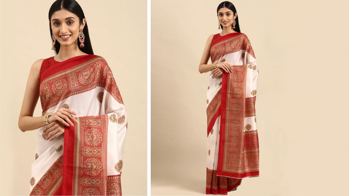 White & Golden Motif Silk Saree
