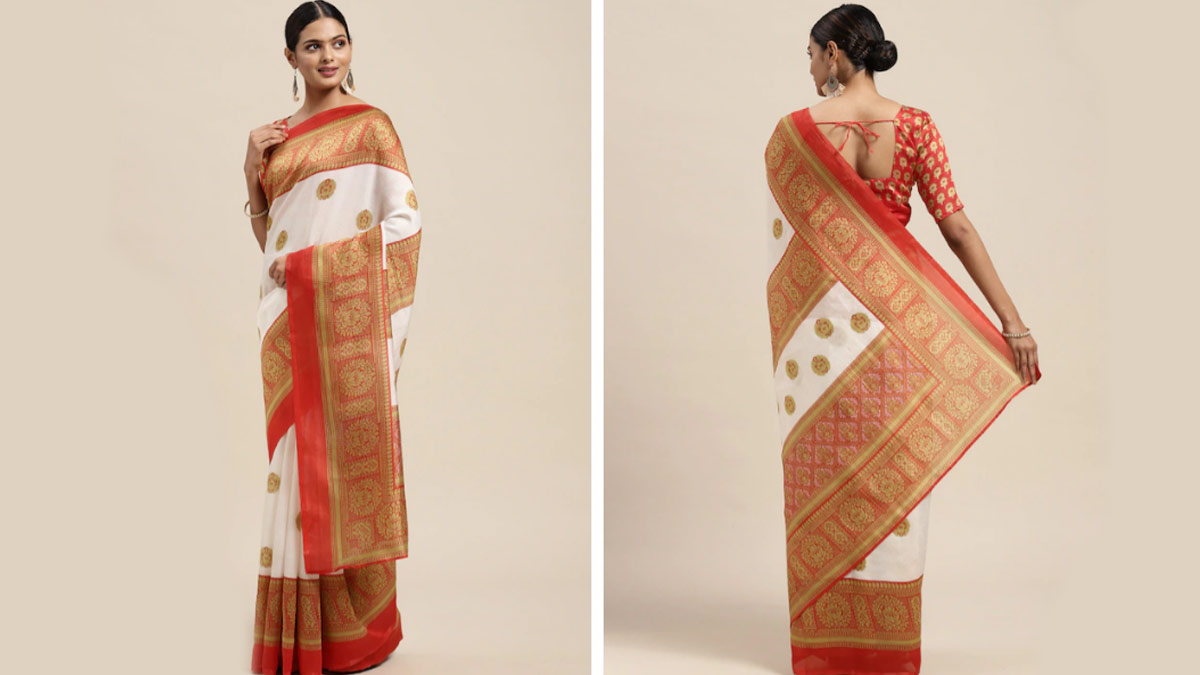 White & Red Ethnic Motifs Saree