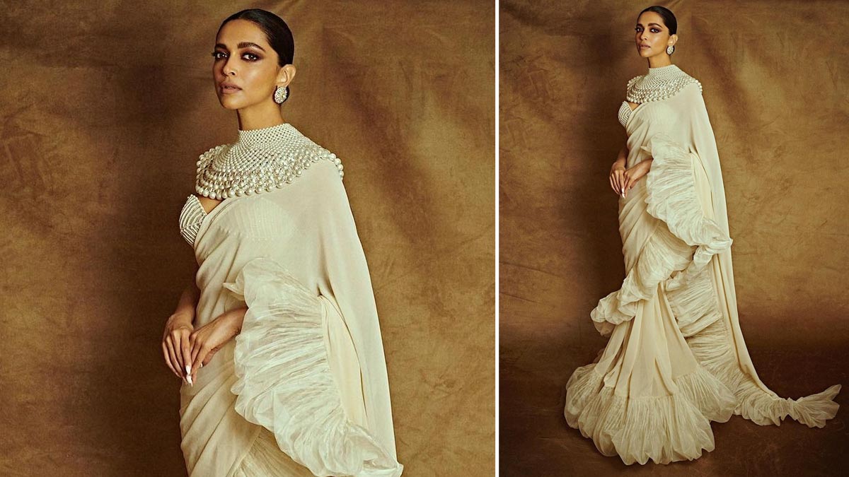 deepika white ruffle saree look