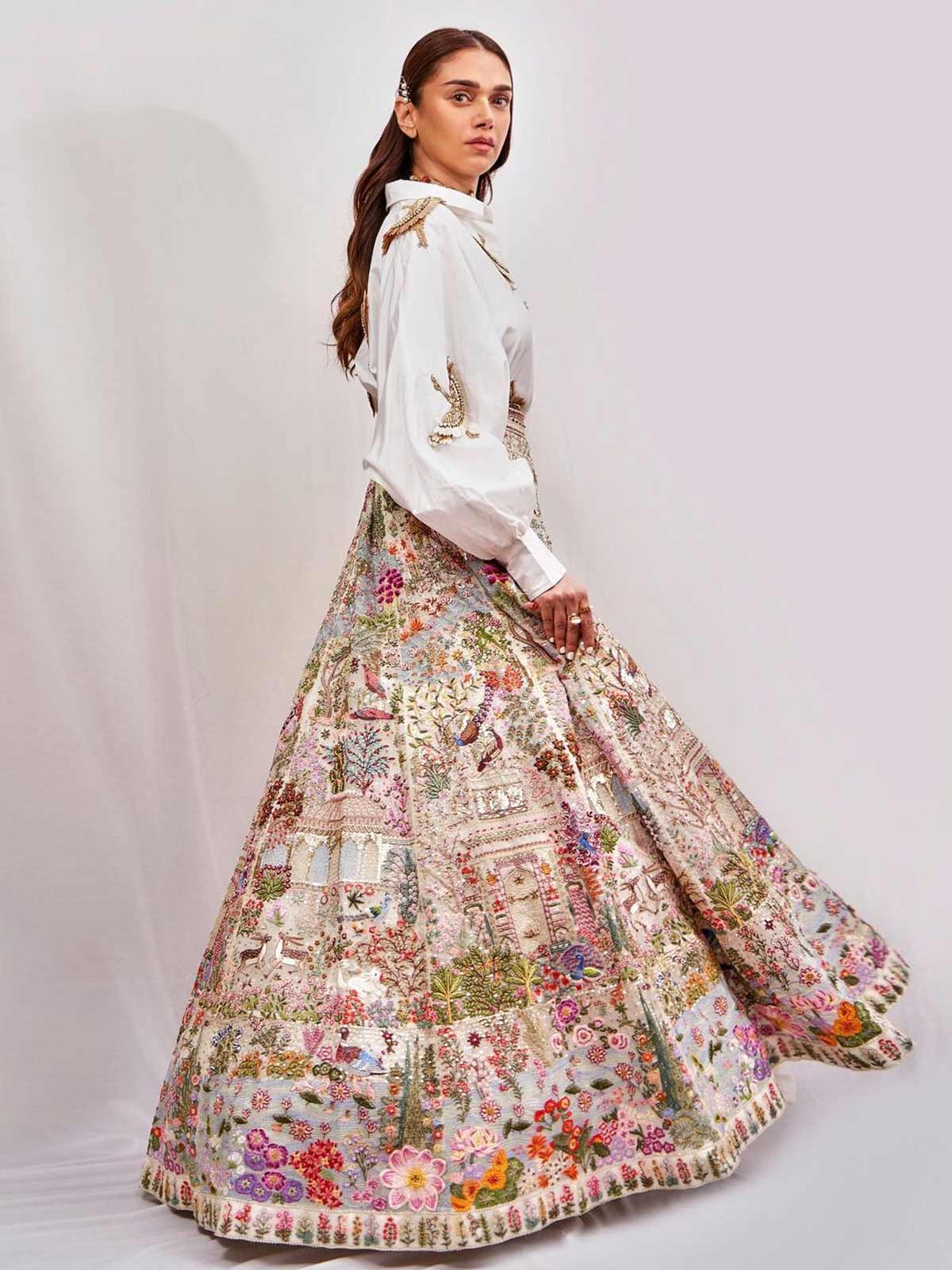colorful shirt with thread work lehenga