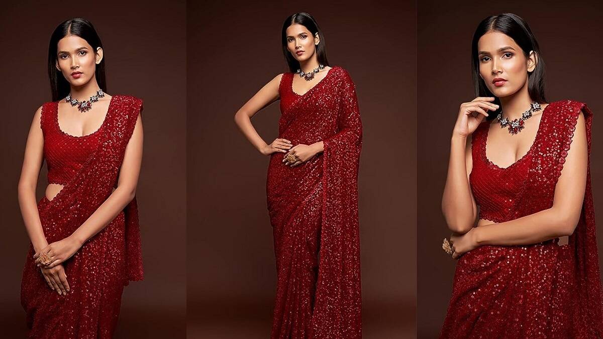 Red Glitter Saree | injetprint.com