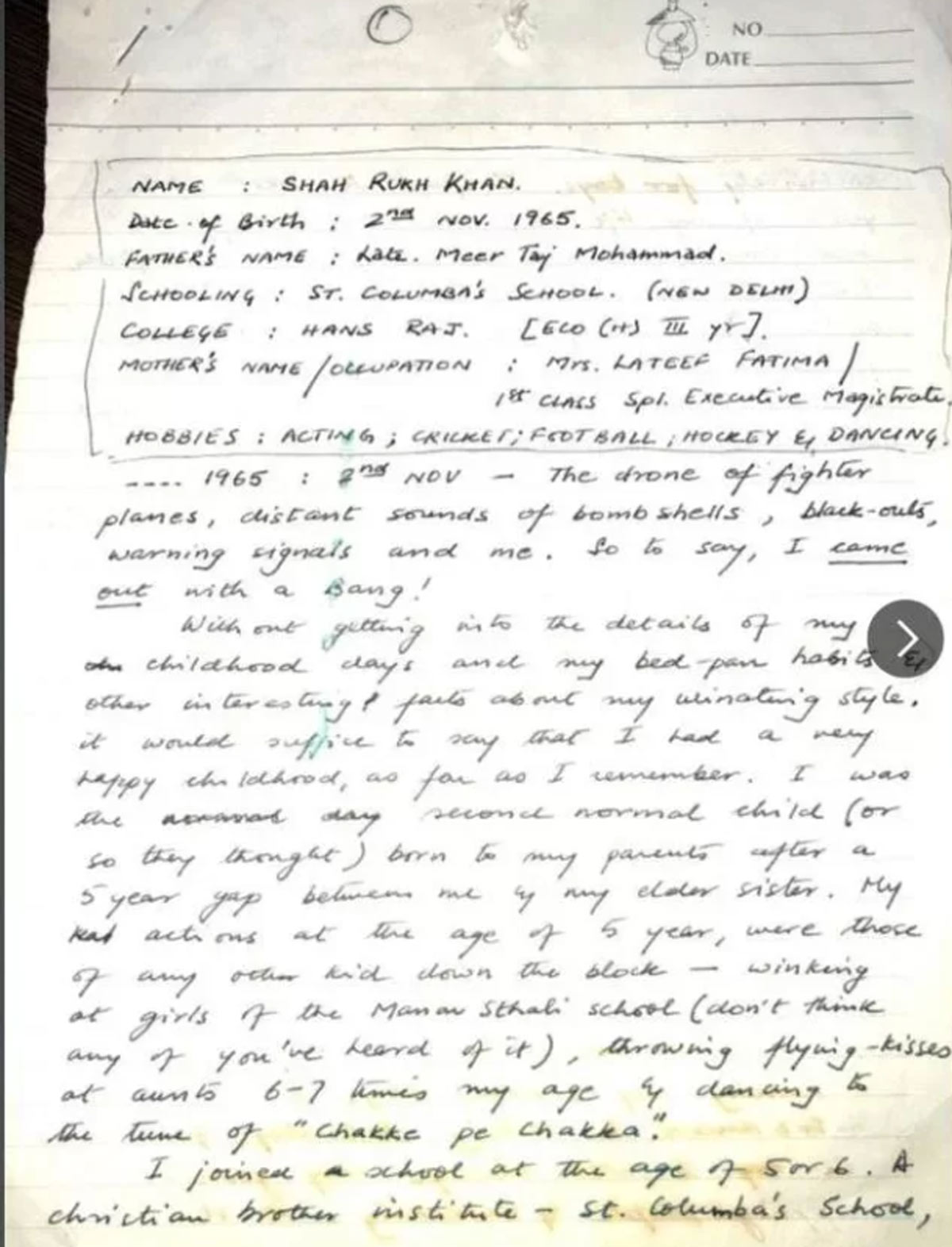 shah rukh khan old handwritten essay