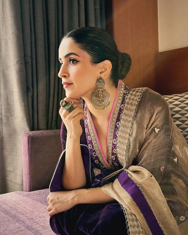 Sanya Malhotra Purple Velvet Kurta Set