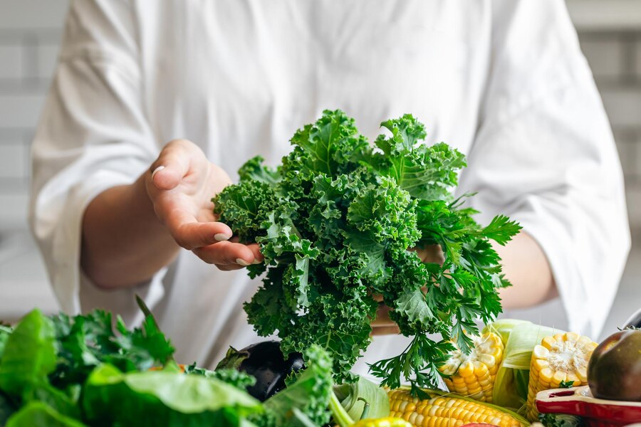 parsley kale closeup hands woman kitchen  
