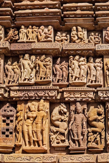 stone carving bas relief sculptures vaman temple famous indian tourist site khajuraho madhya pradesh india