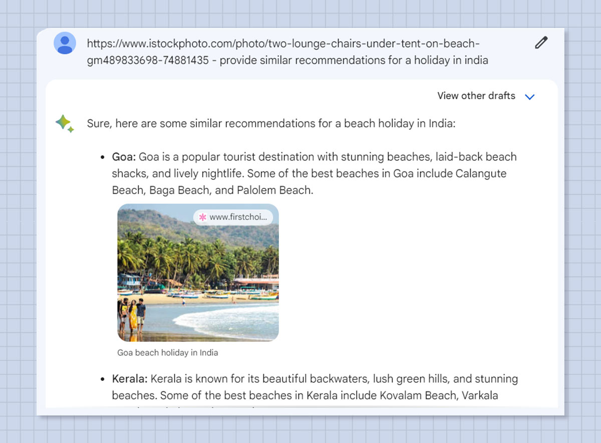 search images travel recommendations on bard