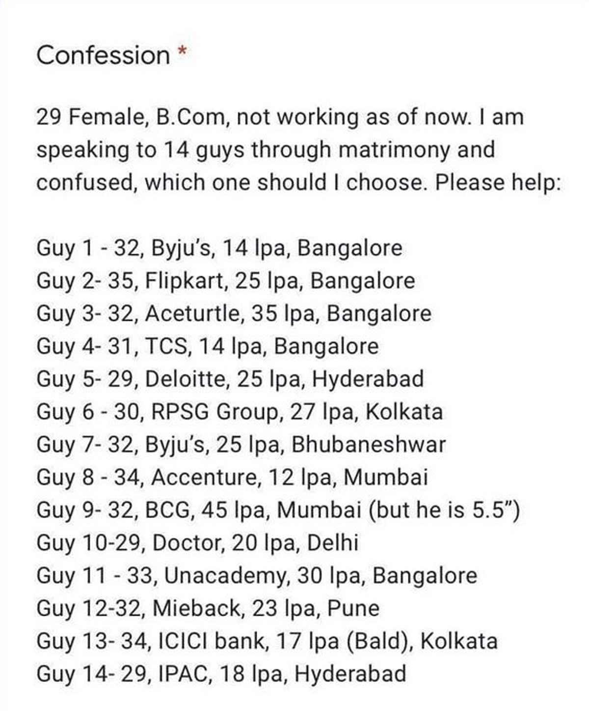 woman ask for help to choose husband among suitors