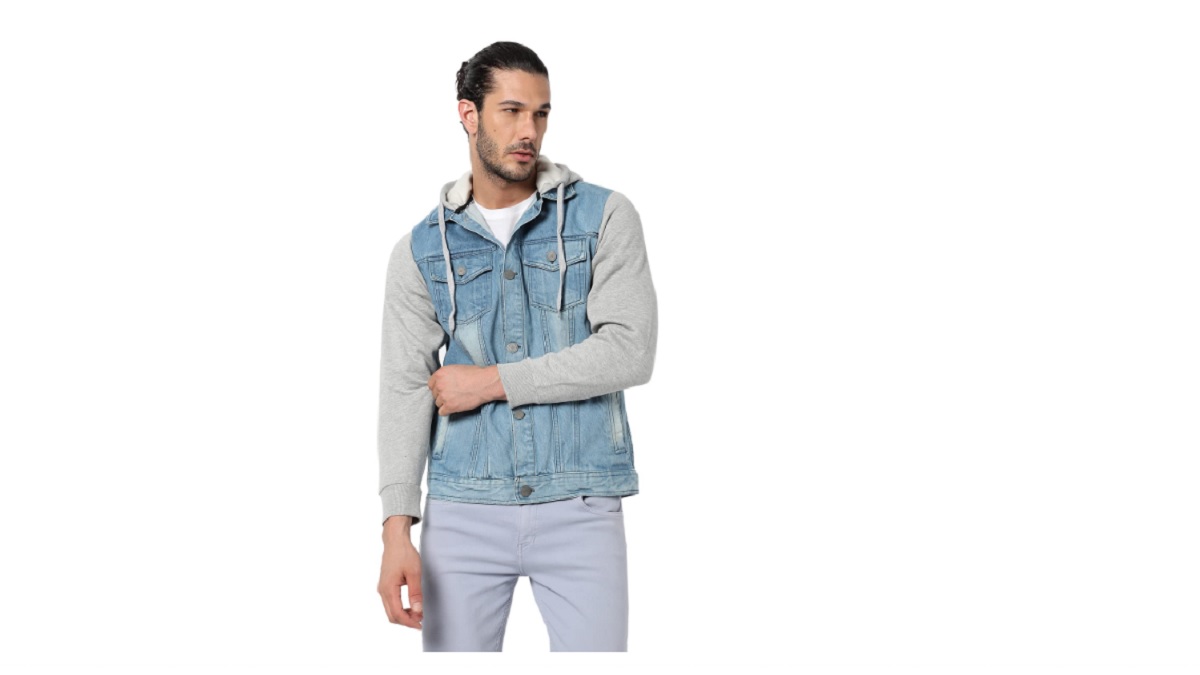 Buy Campus Sutra Men's Blue & Grey Light-Wash Denim Jacket With Sweatshirt  Sleeve Online