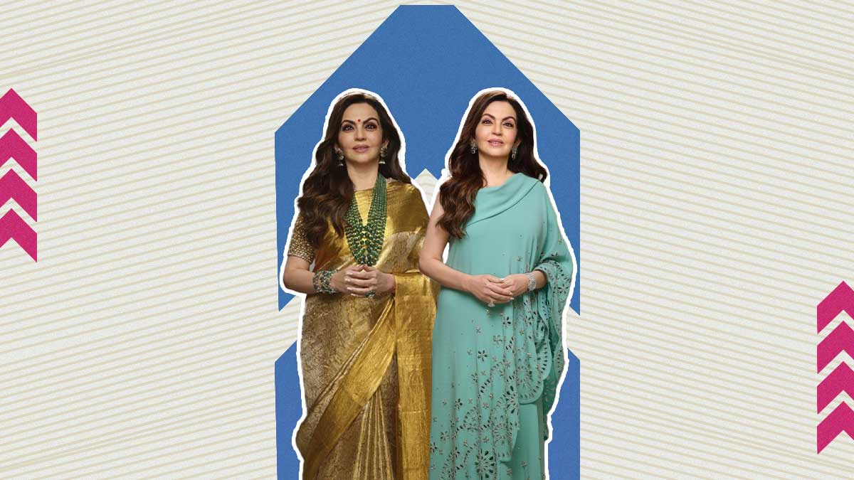 Nita Ambani At Jio World Plaza: Dons Teal Oscar De La Renta Co-Ord Set And Gold Kanjeevaram Saree, Pick Your Fav!