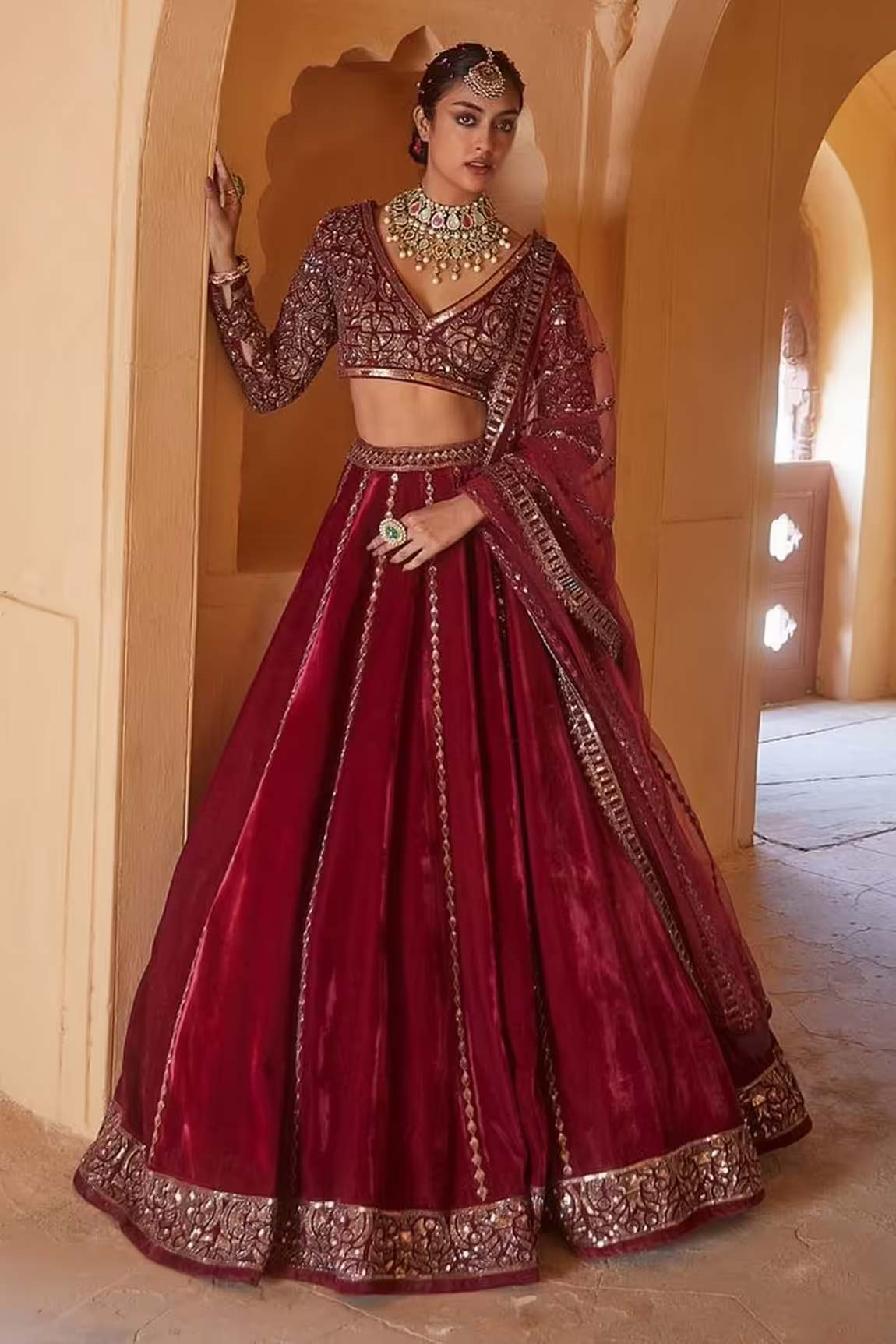 Maroon velvet lehenga