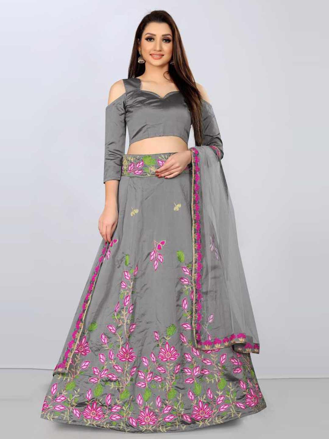 grey floral lehenga