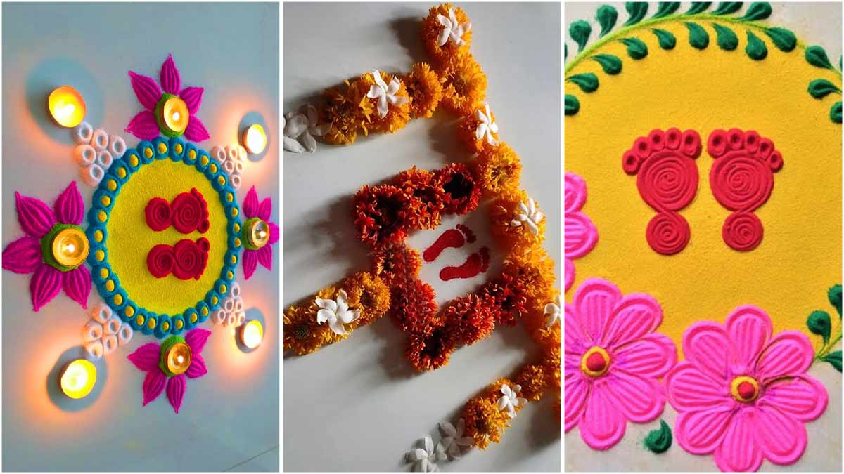 Chaitra Navratri Rangoli Design 2024। मंदिर की दहलीज पर बनाएं दुर्गा मां की चरण-कमल रंगोली | chaitra navratri 2024 durga maa charan kamal rangoli designs | HerZindagi