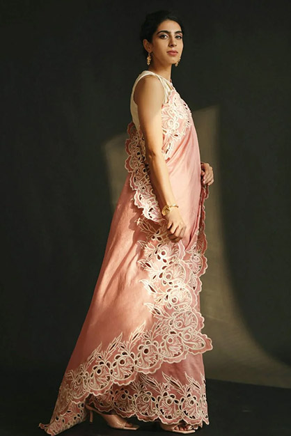 Pink colour cutwork saree