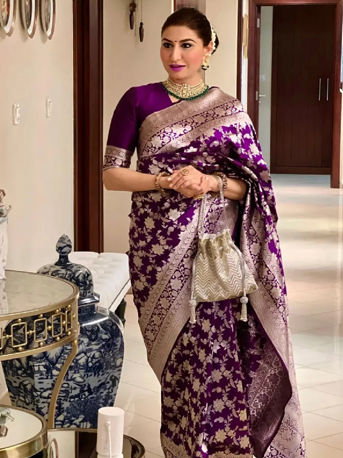 Purple colour zardozi saree