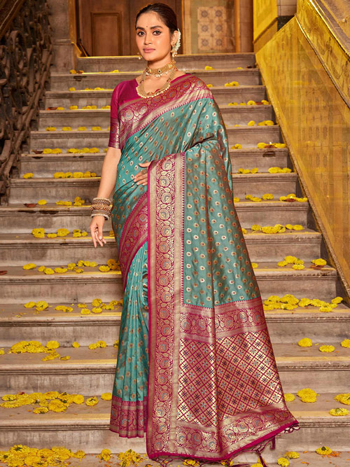 Teal green zardozi saree