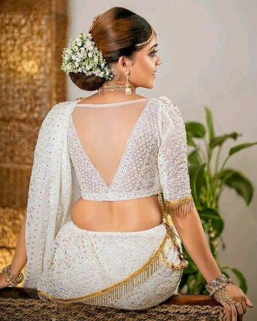 V Cut White Net Blouse Design