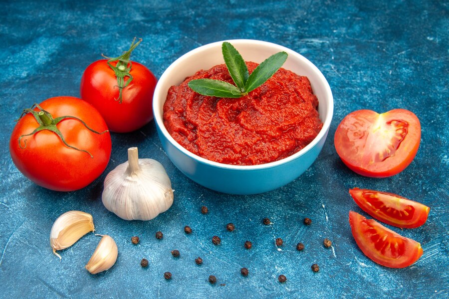 front view fresh tomatoes with tomato paste blue color salad red tree vegetable food ripe  