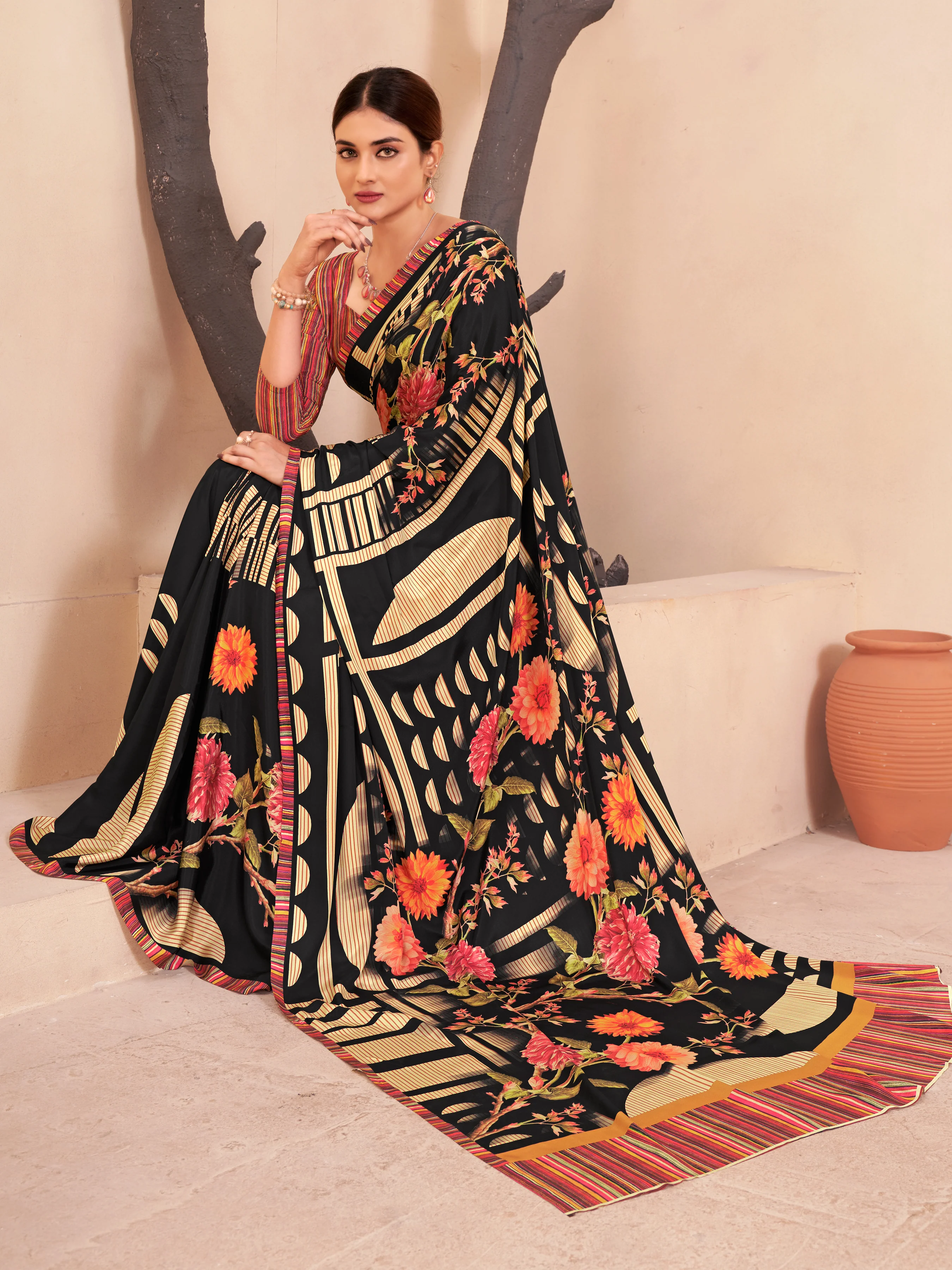 D Floral Crepe Silk Saree For Wedding