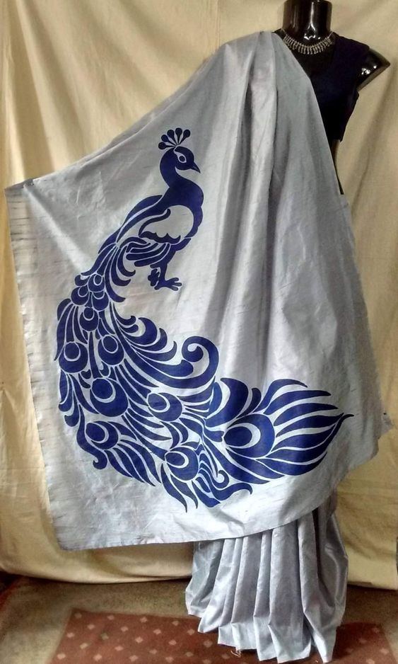 Blue Peacock Feather Grey Saree Design