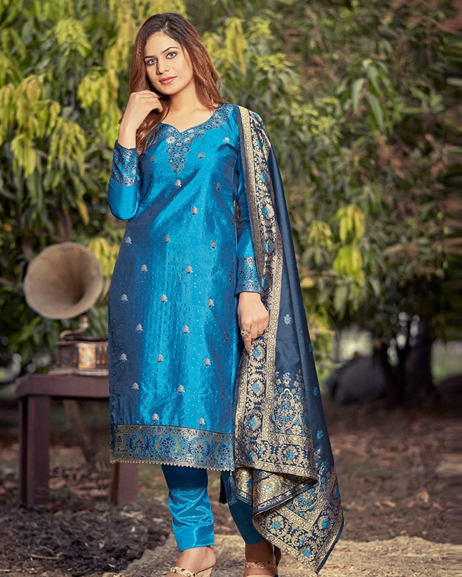 Blue colour banarasi suit looks
