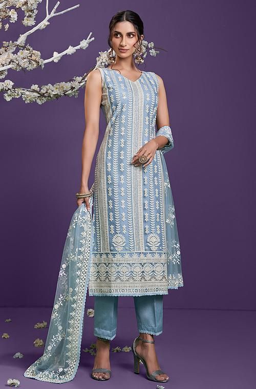Embroidered Sky Blue Chikankari Kurti Design