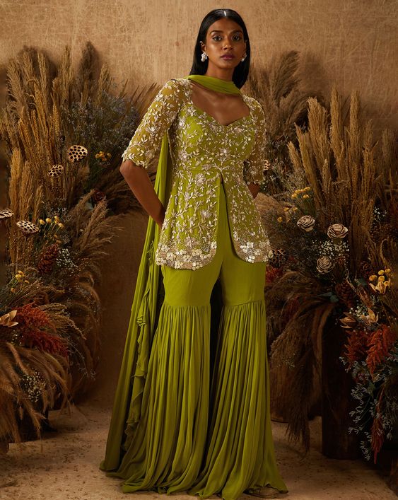 Front Slit Green Sharara Suit