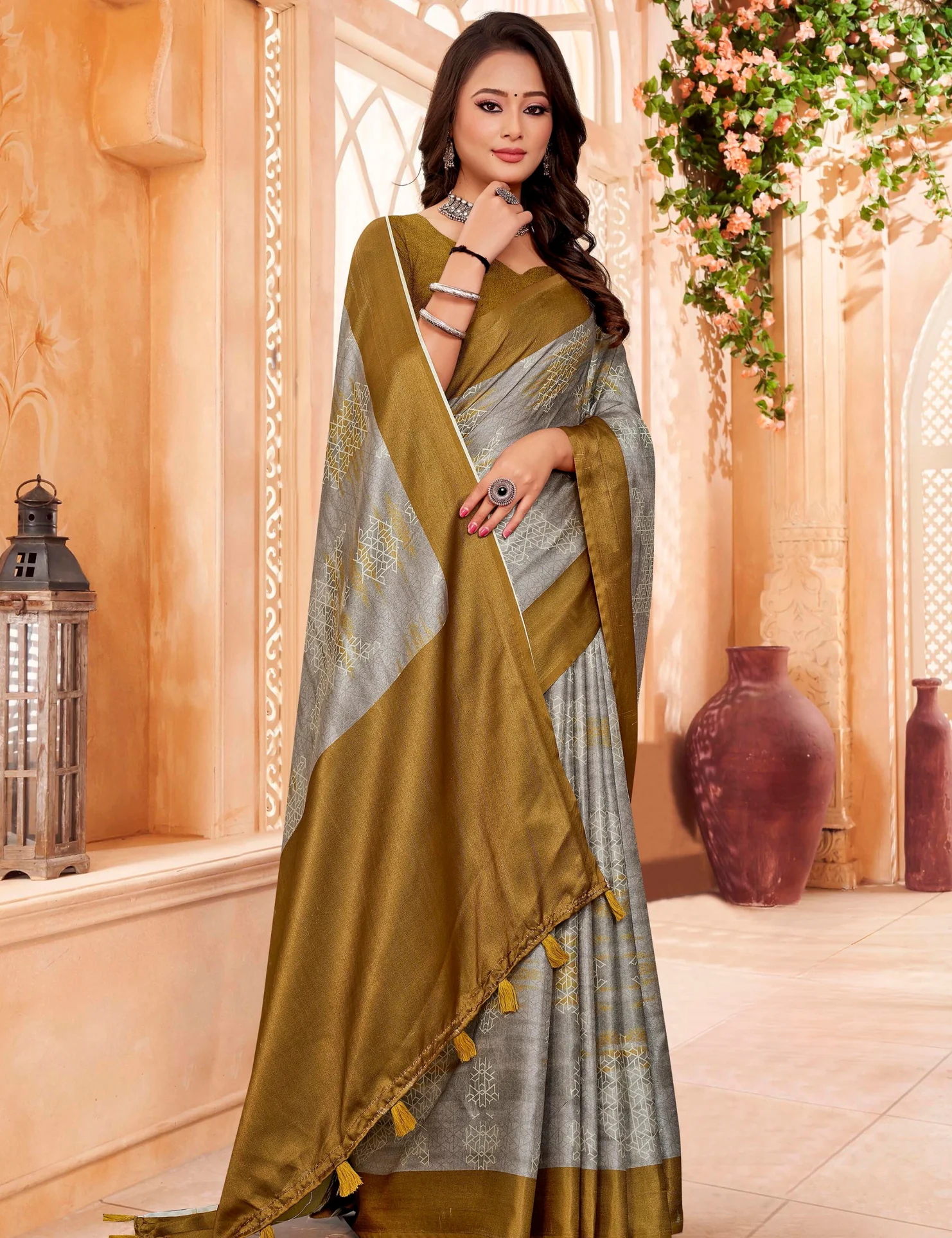 Grey Crepe Silk Saree With Embroidery
