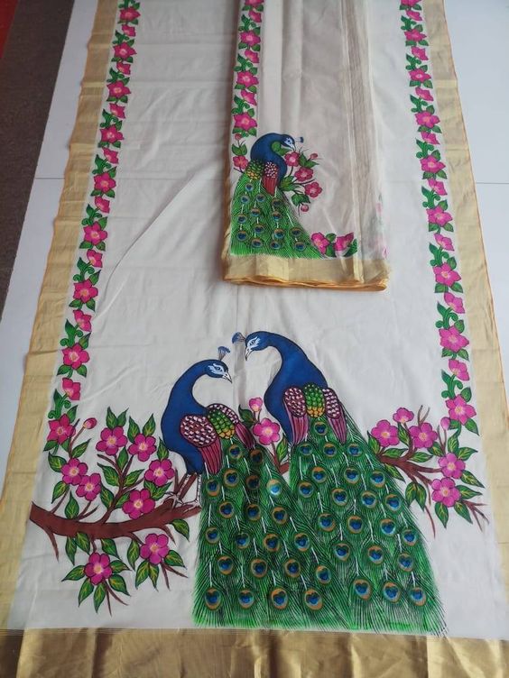 Hand Painted Peacock Saree Design