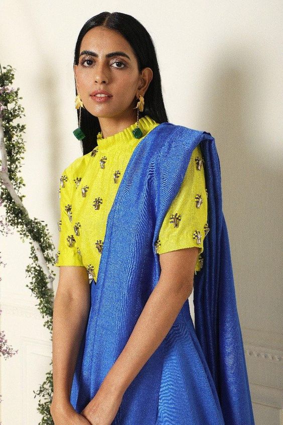 High Neck Blue Saree Contrast Blouse