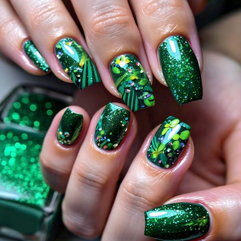 Leaf design glitter nail art
