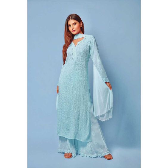Long Light Blue Chikankari Kurti Design