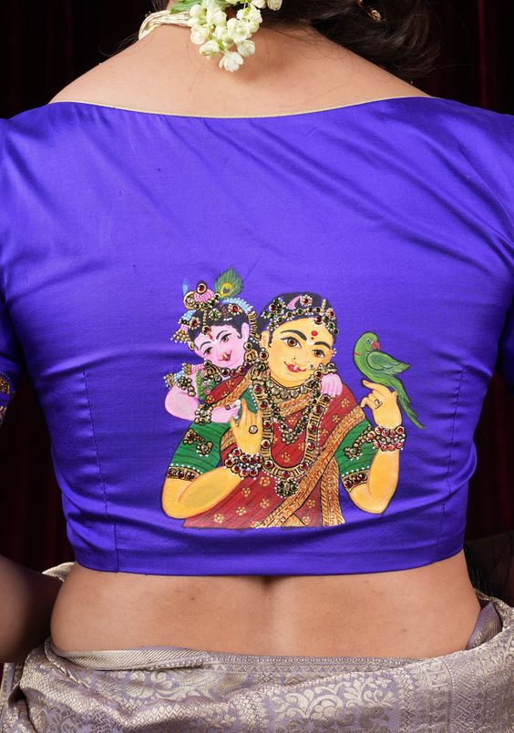 Lord Krishna And Yashoda Tanjore Handpainted Blouse Design