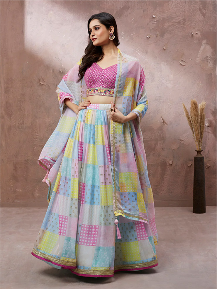 Multi colour organza floral lehenga