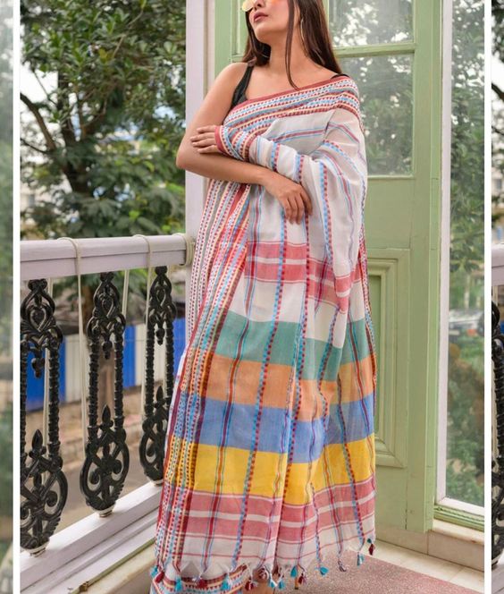 Multicolour Pure Khadi Cotton Saree