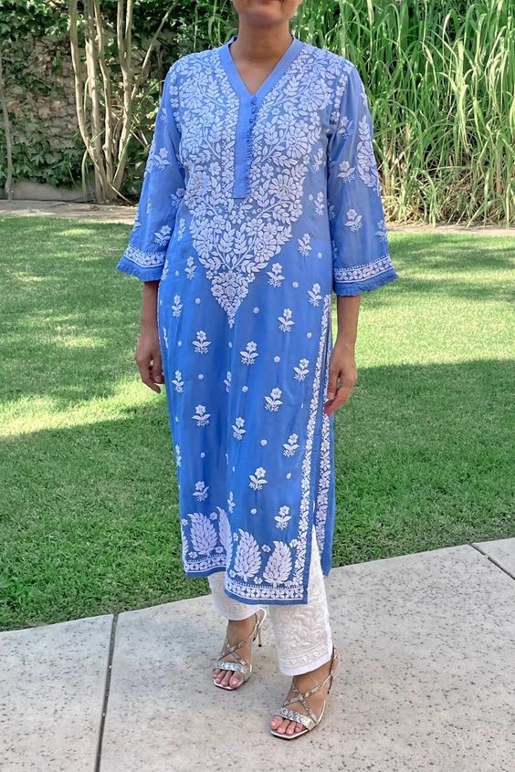 Muslin Silk Blue Chikankari Kurti Design