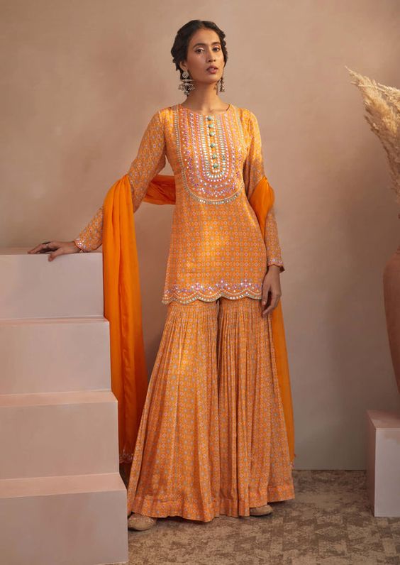 Mustard Printed Sharara Suit Design