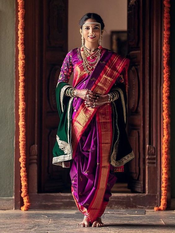 Purple Nauvari Saree Design With Red Border